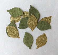 Load image into Gallery viewer, Gold & Green Felt Rose Leaves, Die Cut Felt Leaves