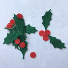 Load image into Gallery viewer, English Felt Holly and Berries, Felt Die Cut Christmas Holly Leaves
