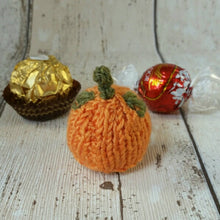 Load image into Gallery viewer, Thanksgiving Pumpkin, Halloween pumpkin, knitting pattern, Lindt Lindor cover, Ferrero Rocher favour, chocolate cosy, PDF, Instant download