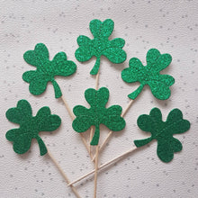 Load image into Gallery viewer, Shamrock Cake Toppers, Green Glitter Shamrocks, St Patrick's Day Toppers