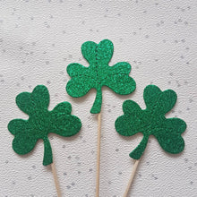 Load image into Gallery viewer, Shamrock Cake Toppers, Green Glitter Shamrocks, St Patrick's Day Toppers