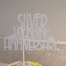 Load image into Gallery viewer, Silver Wedding Anniversary Cake Topper, 25th Anniversary Glitter Cake Centrepiece