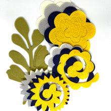 Load image into Gallery viewer, Navy, Yellow & Grey Felt Flower Kit, Felt 3D Roll Up flowers, Die cut felt flowers