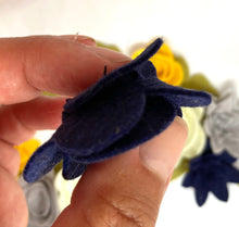 Load image into Gallery viewer, Navy, Yellow & Grey Felt Flower Kit, Felt 3D Roll Up flowers, Die cut felt flowers