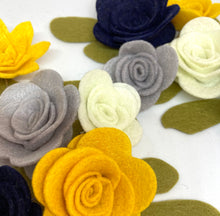 Load image into Gallery viewer, Navy, Yellow & Grey Felt Flower Kit, Felt 3D Roll Up flowers, Die cut felt flowers