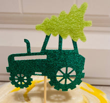 Load image into Gallery viewer, Tractor & Tree Cupcake Toppers, Glitter and Felt Christmas Cake Toppers