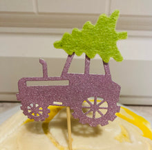 Load image into Gallery viewer, Tractor & Tree Cupcake Toppers, Glitter and Felt Christmas Cake Toppers