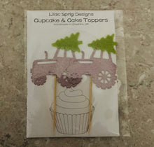 Load image into Gallery viewer, Tractor & Tree Cupcake Toppers, Glitter and Felt Christmas Cake Toppers