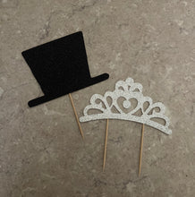 Load image into Gallery viewer, Caterpillar Cake Top Hat & Tiara Cake Toppers, Glitter Wedding Cake Topper