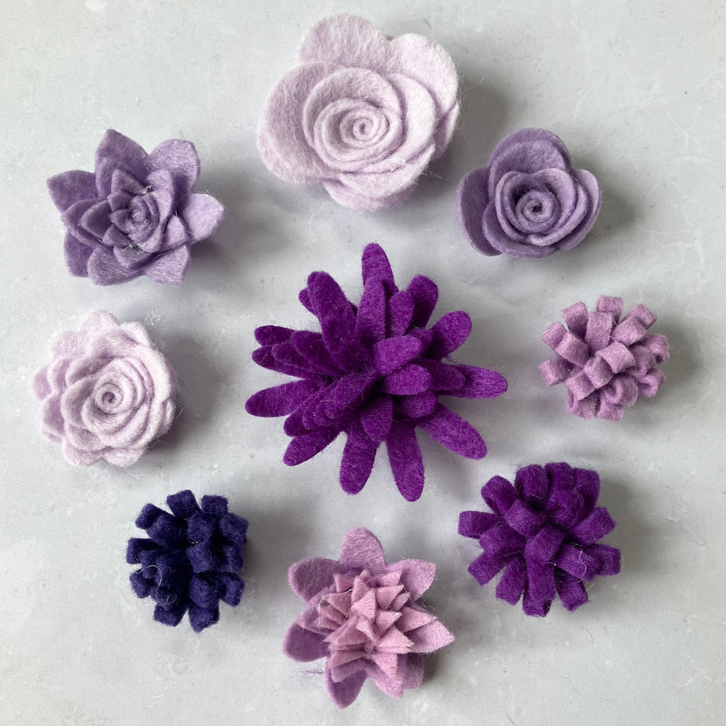 Ready Made Felt Flowers, Shades of Lilac and Purple