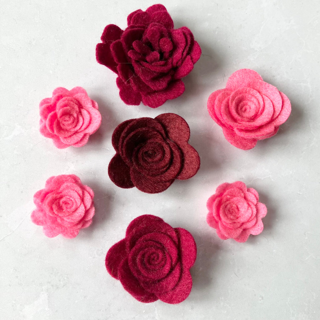 Ready Made Felt Flowers, Candy, Fuchsia and Garnet