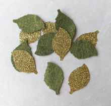 Load image into Gallery viewer, Gold &amp; Green Felt Rose Leaves, Die Cut Felt Leaves
