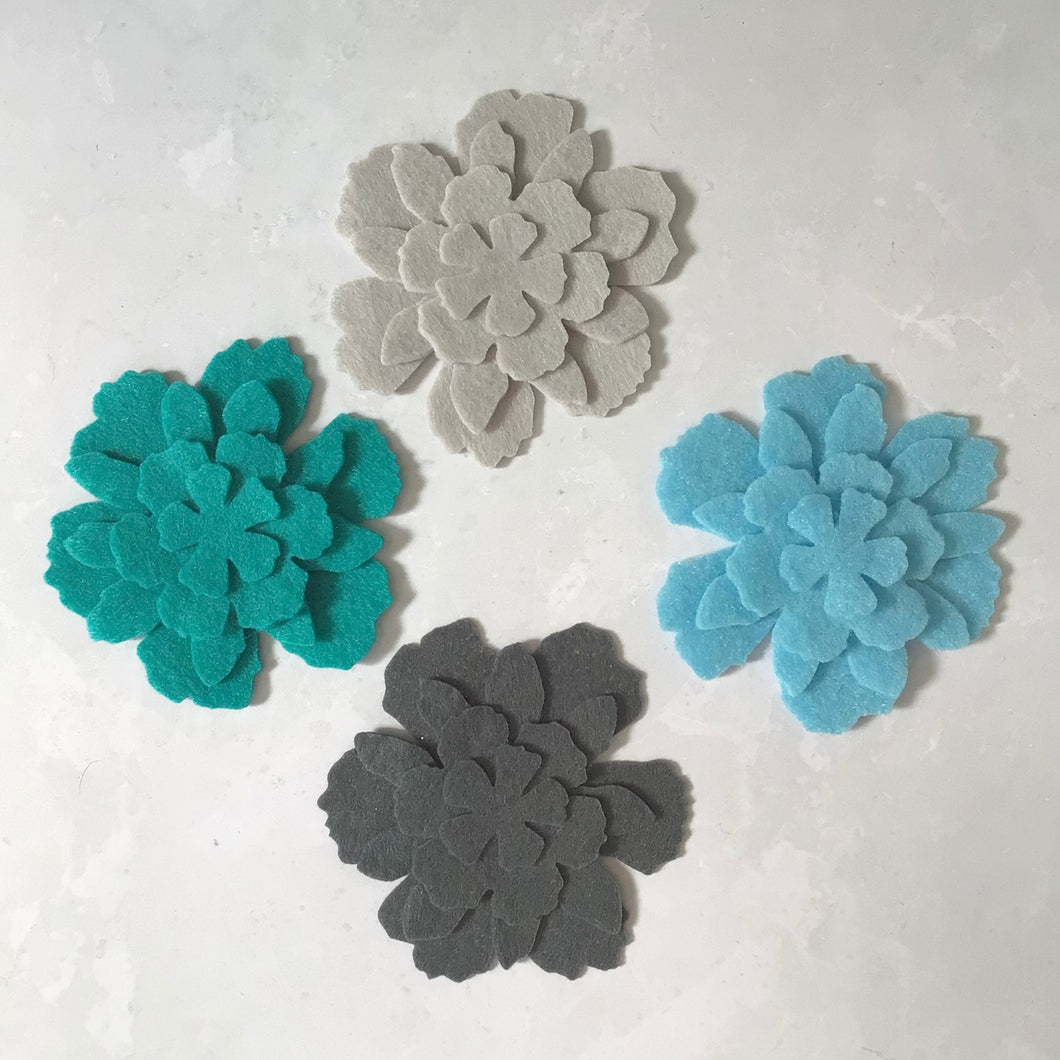 Large Teal & Grey Felt Flowers, Felt Die Cut Flowers