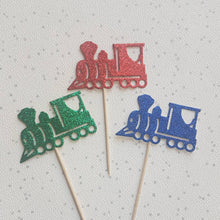 Load image into Gallery viewer, Train Cake Toppers, Glitter Train cupcake toppers
