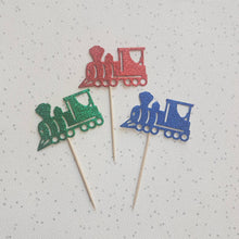 Load image into Gallery viewer, Train Cake Toppers, Glitter Train cupcake toppers
