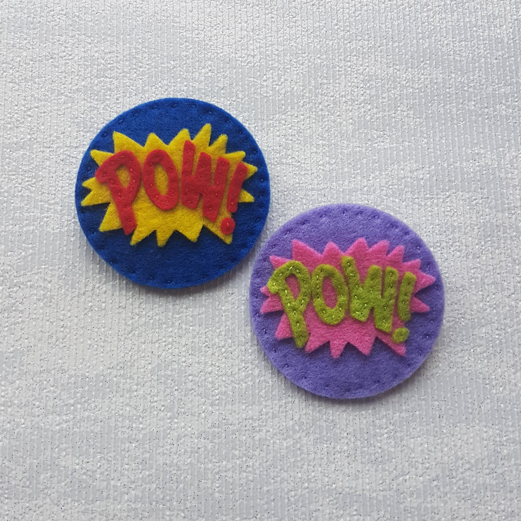 Sew Your Own Felt POW ! Pin Badge Kit, Die cut felt Superhero Brooch kit