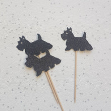 Load image into Gallery viewer, Scottie Cake Toppers, Westie Cake Toppers, Dog Cupcake Toppers, Cake Toppers, Glitter Cupcake Topper, Scottie Dog Topper, Westie Dog Topper
