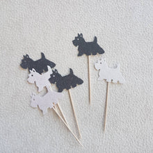 Load image into Gallery viewer, Scottie Cake Toppers, Westie Cake Toppers, Dog Cupcake Toppers, Cake Toppers, Glitter Cupcake Topper, Scottie Dog Topper, Westie Dog Topper
