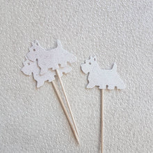 Load image into Gallery viewer, Scottie Cake Toppers, Westie Cake Toppers, Dog Cupcake Toppers, Cake Toppers, Glitter Cupcake Topper, Scottie Dog Topper, Westie Dog Topper
