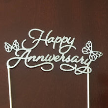 Load image into Gallery viewer, Happy Anniversary Cake Topper, Silver Cake Topper, Glitter Cake Topper, Cake Decoration, Cake centrepiece, Wedding Anniverasry
