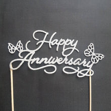 Load image into Gallery viewer, Happy Anniversary Cake Topper, Silver Cake Topper, Glitter Cake Topper, Cake Decoration, Cake centrepiece, Wedding Anniverasry
