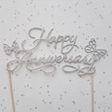 Load image into Gallery viewer, Happy Anniversary Cake Topper, Silver Cake Topper, Glitter Cake Topper, Cake Decoration, Cake centrepiece, Wedding Anniverasry
