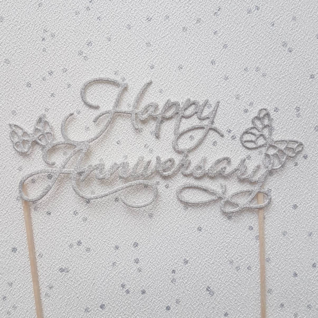 Happy Anniversary Cake Topper, Silver Cake Topper, Glitter Cake Topper, Cake Decoration, Cake centrepiece, Wedding Anniverasry