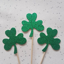 Load image into Gallery viewer, Shamrock Cake Toppers, Green Glitter Shamrocks, St Patrick&#39;s Day Toppers

