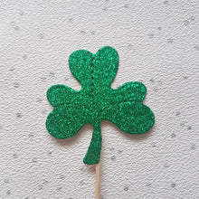 Load image into Gallery viewer, Shamrock Cake Toppers, Green Glitter Shamrocks, St Patrick&#39;s Day Toppers
