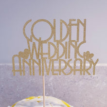 Load image into Gallery viewer, Golden Wedding Anniversary Cake Topper, 50th Anniversary Glitter Cake Centrepiece
