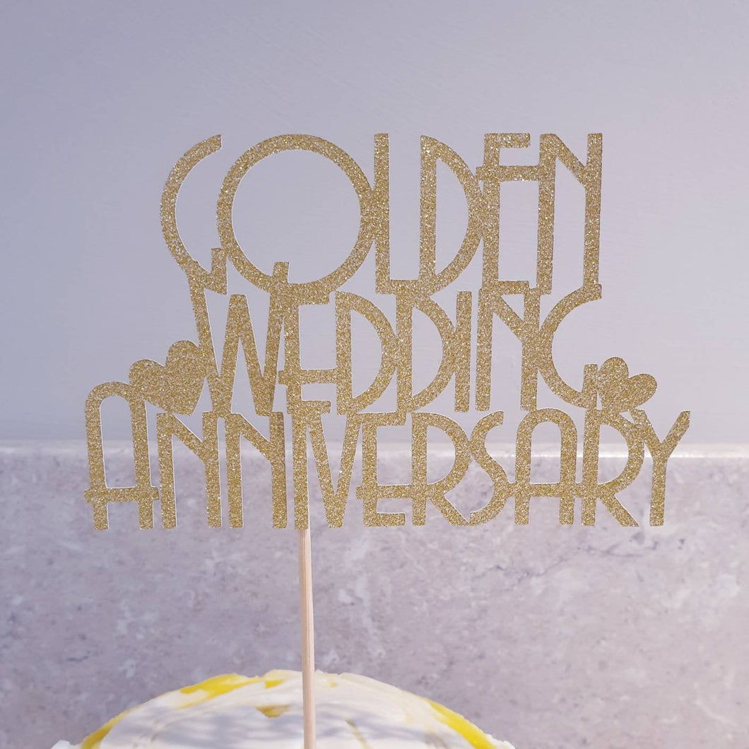 Golden Wedding Anniversary Cake Topper, 50th Anniversary Glitter Cake Centrepiece