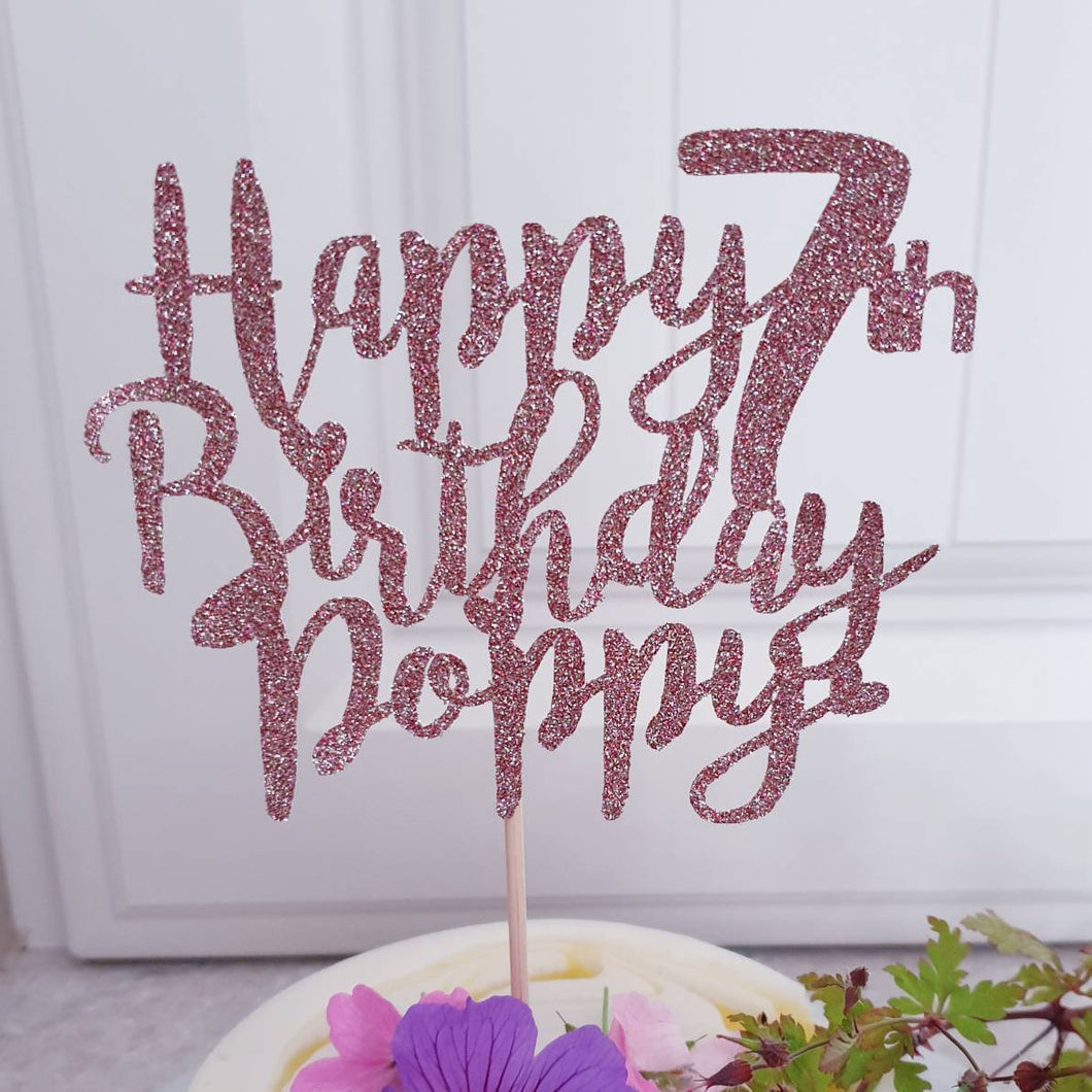 PERSONALISED Script Glitter Happy Birthday Cake Topper, add Name and Age