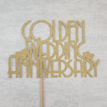 Load image into Gallery viewer, Golden Wedding Anniversary Cake Topper, 50th Anniversary Glitter Cake Centrepiece
