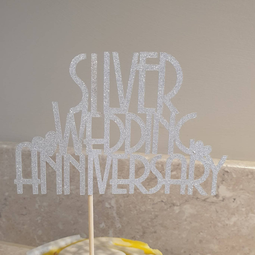 Silver Wedding Anniversary Cake Topper, 25th Anniversary Glitter Cake Centrepiece