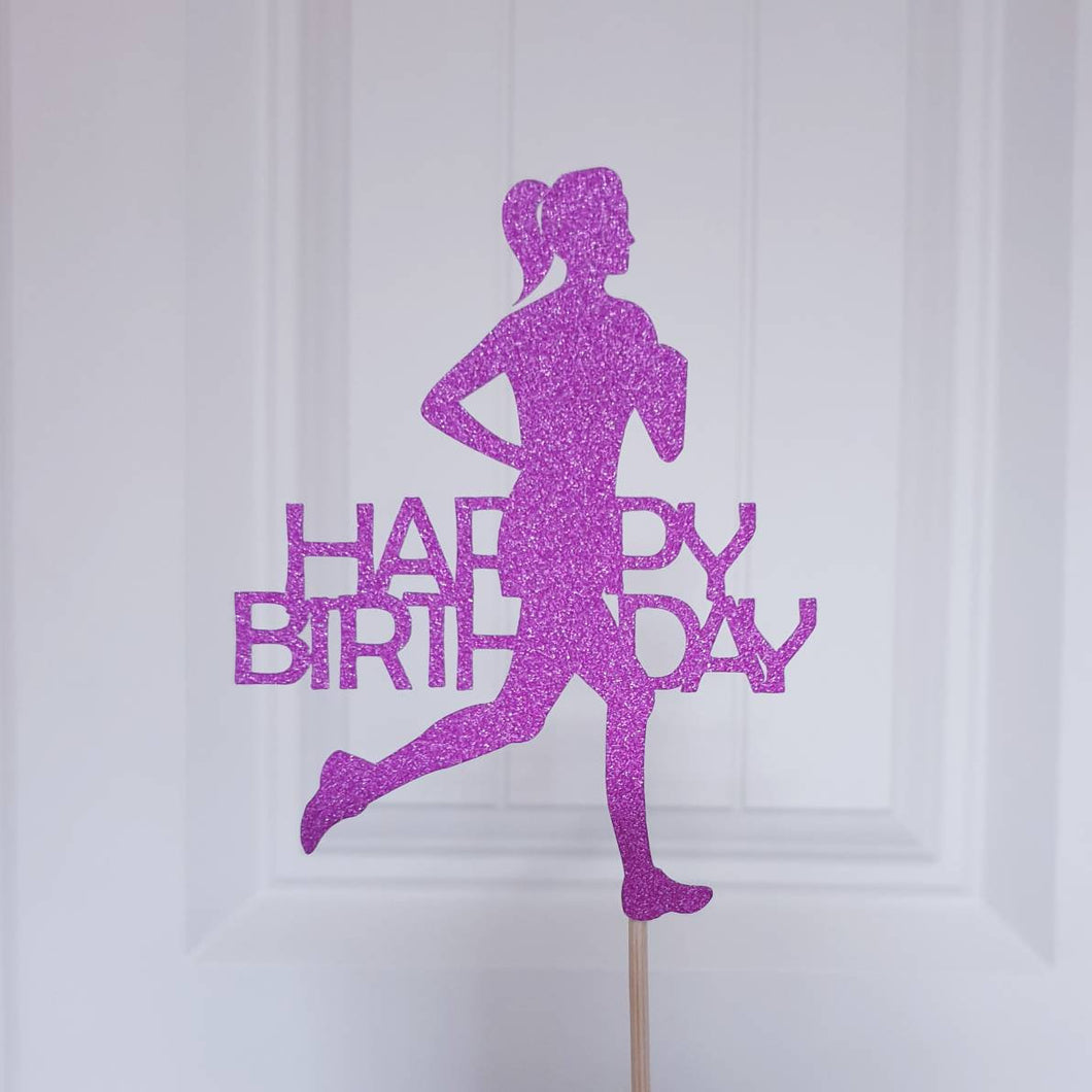 Lady Runner Happy Birthday Cake Topper, Glitter Jogger Topper