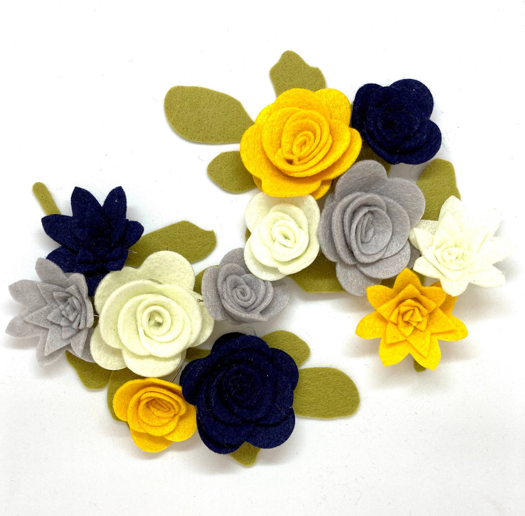 Navy, Yellow & Grey Felt Flower Kit, Felt 3D Roll Up flowers, Die cut felt flowers