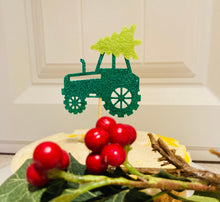 Load image into Gallery viewer, Tractor &amp; Tree Cupcake Toppers, Glitter and Felt Christmas Cake Toppers
