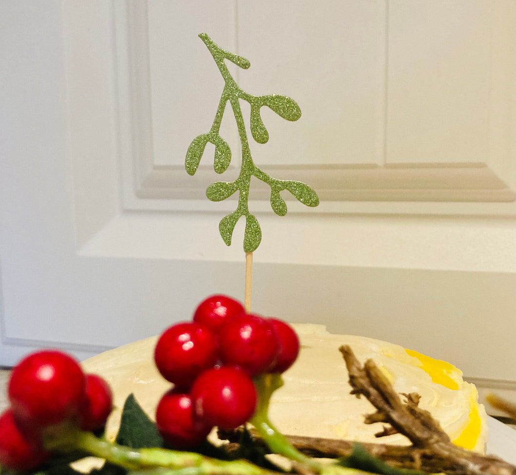 Mistletoe Cupcake Toppers, Green Glitter Christmas Cake Toppers